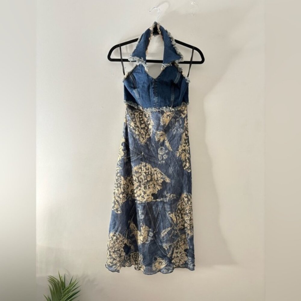 Fang Y2K Grunge Denim Halter Floral Midi Dress